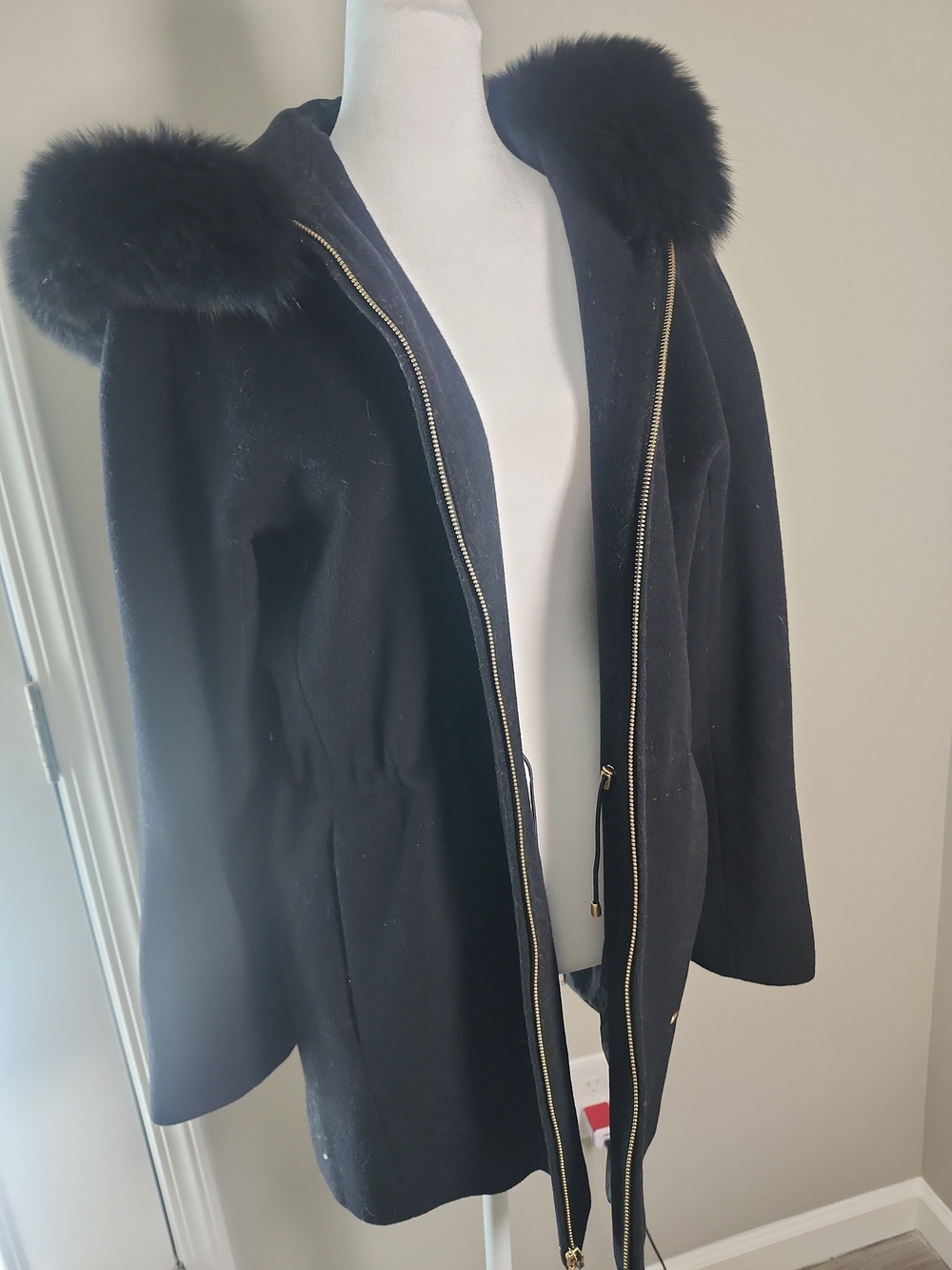 Ellen Tracy Black Hooded Wool-Blend Trench Coat with Real Fox Fur Trim Parka